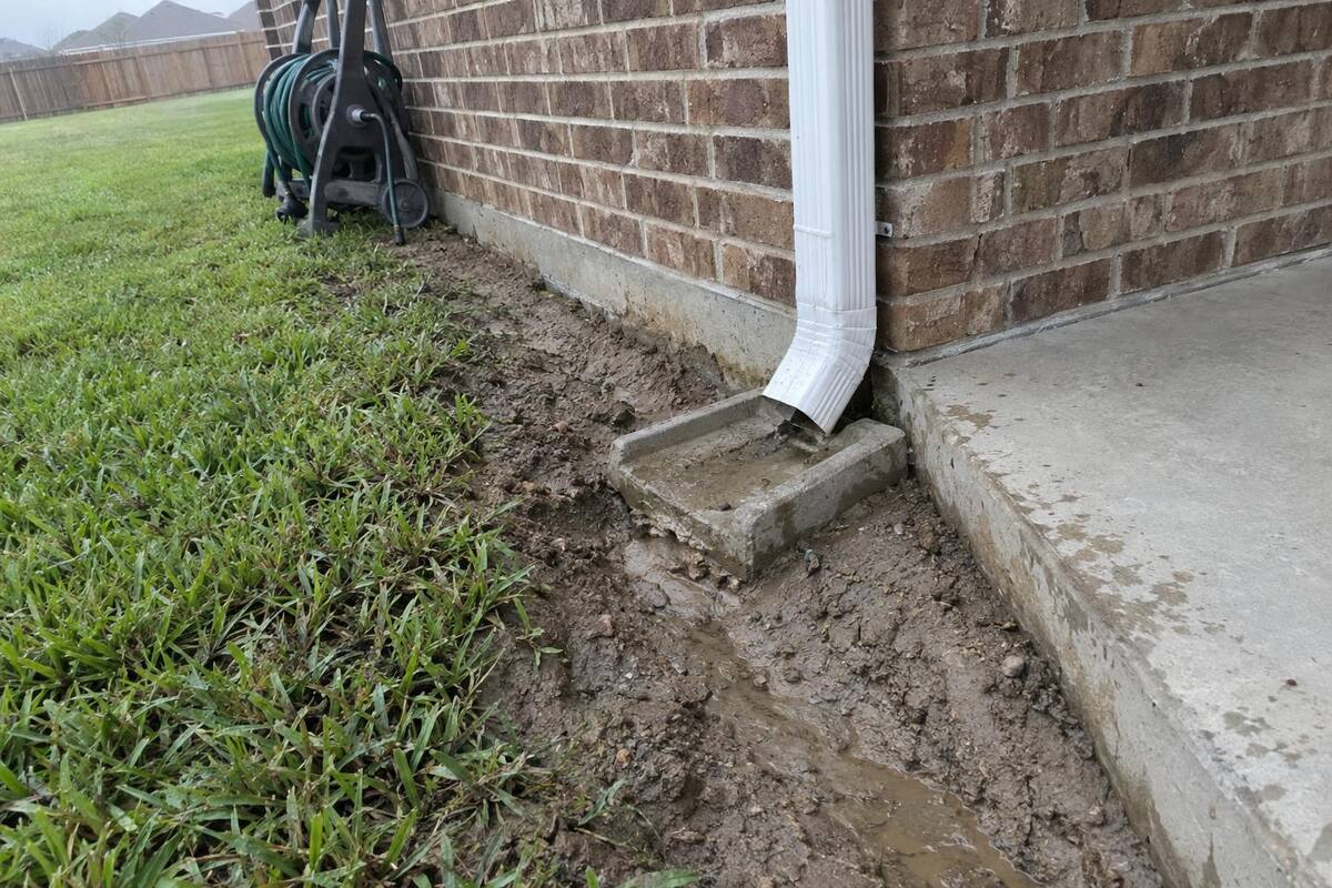 Downspout ending on a small splash block at the edge of a concrete slab with eroded soil beside it